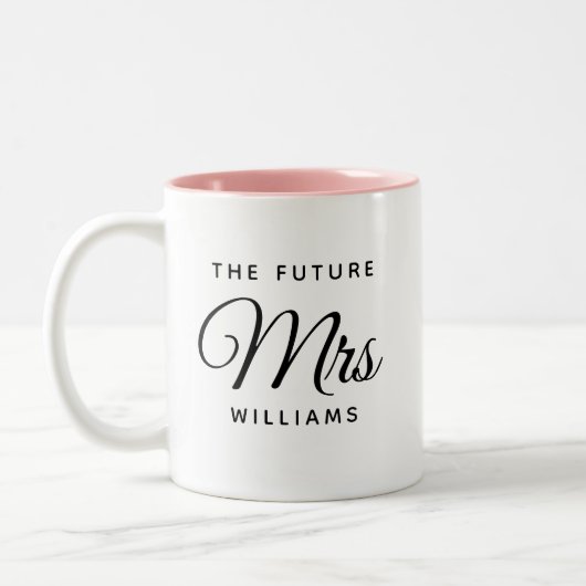Modern Future Mrs Bride Verloving Script Tweekleurige Koffiemok (Links)