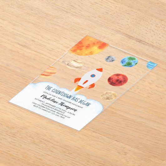 Modern Galaxy Planets Ruimteraket Baby shower Acryl Uitnodigingen (Laagn)