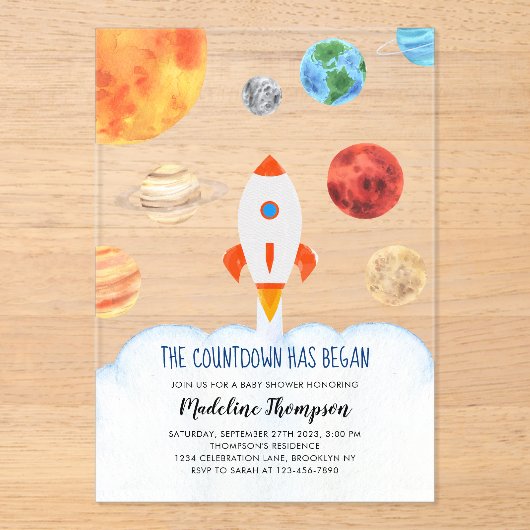 Modern Galaxy Planets Ruimteraket Baby shower Acryl Uitnodigingen (Voorkant)
