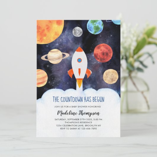 Modern Galaxy Planets Space Rocket Baby Shower Kaart (Staand voorkant)