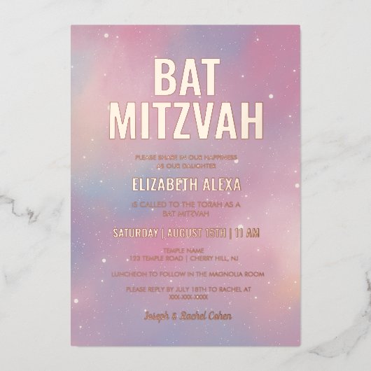 Modern Galaxy Roos Gold Bat Mitzvah Folie Uitnodiging (Voorkant)