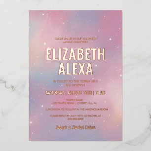 Modern Galaxy Roos Gold Bat Mitzvah Folie Uitnodiging