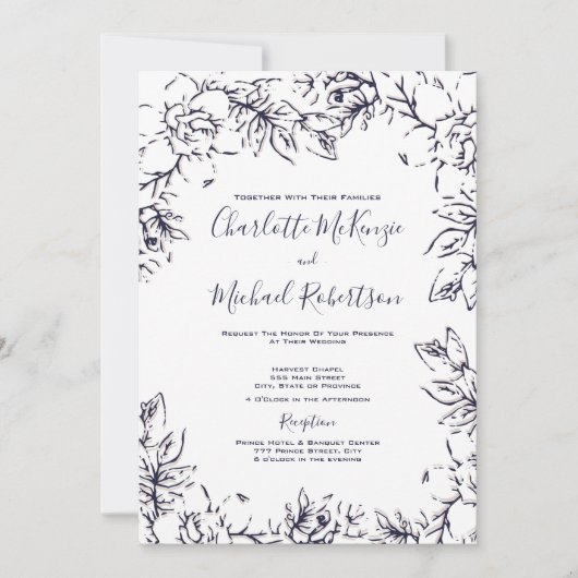 Modern, Gardenia Floral, Navy, Blush, bruiloft Kaart (Voorkant)