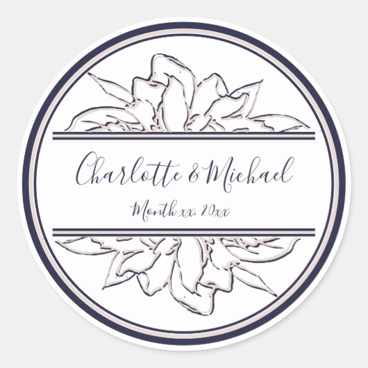 Modern, Gardenia, Navy en Blush, Wedding Classic Ronde Sticker (Voorkant)