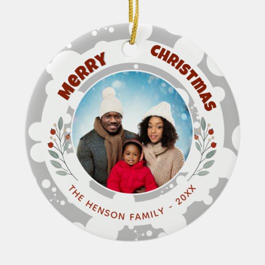Modern gebladerte Kerstmis Familiefoto Keramisch Ornament (Voorkant)