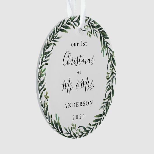 Modern gebladerte krans eerste kerst als Mr. Mrs. Ornament (voorkant)