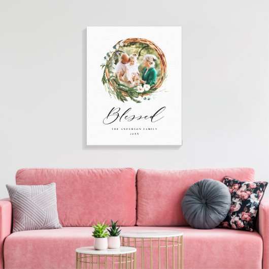 Modern gebladerte krans stijlvol gezegend script canvas afdruk (Insitu (Woonkamer))