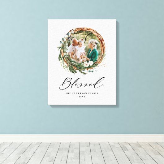 Modern gebladerte krans stijlvol gezegend script canvas afdruk (Insitu (Houten vloer))