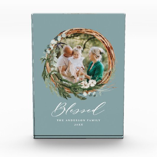 Modern gebladerte krans stijlvol gezegend script fotoblokken (Voorkant)