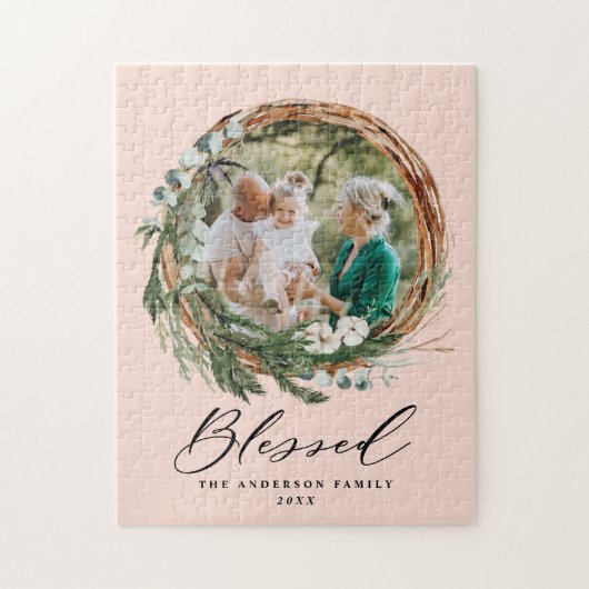 Modern gebladerte krans stijlvol gezegend script legpuzzel (Verticaal)