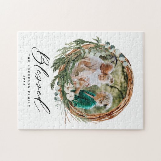 Modern gebladerte krans stijlvol gezegend script legpuzzel (Horizontaal)