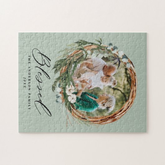 Modern gebladerte krans stijlvol gezegend script legpuzzel (Horizontaal)