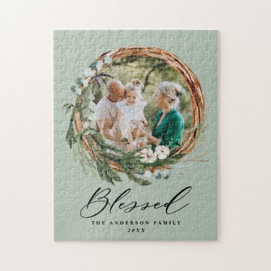 Modern gebladerte krans stijlvol gezegend script legpuzzel (Verticaal)