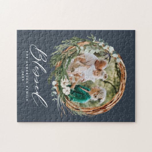 Modern gebladerte krans stijlvol gezegend script legpuzzel (Horizontaal)