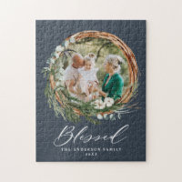 Modern gebladerte krans stijlvol gezegend script