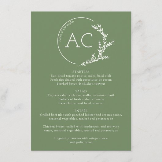 Modern gebladerte Lijst gedempt groen bruiloft rec Menu (Voorkant)