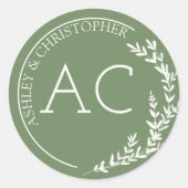 Modern gebladerte Lijst gedempt groen bruiloft Ronde Sticker (Voorkant)