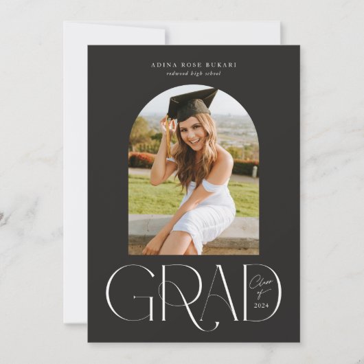 Modern gebogen foto zwart Afstuderen aankondiging (Voorkant)
