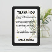 Modern gebogen zwart goud bruiloft botanische them bedankkaart (Staand voorkant)