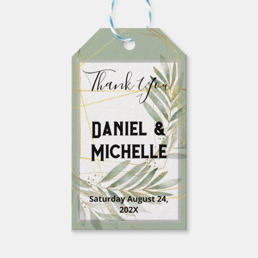 Modern gebogen zwart goud bruiloft botanische them cadeaulabel (Voorkant)