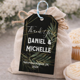 Modern gebogen zwart goud bruiloft botanische them cadeaulabel