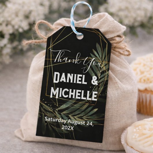 Modern gebogen zwart goud bruiloft botanische them cadeaulabel