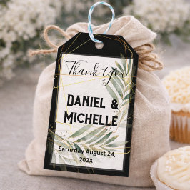 Modern gebogen zwart goud bruiloft botanische them cadeaulabel