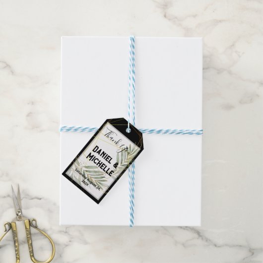 Modern gebogen zwart goud bruiloft botanische them cadeaulabel (Met Touw)