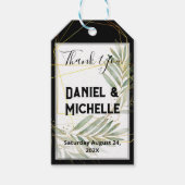 Modern gebogen zwart goud bruiloft botanische them cadeaulabel (Voorkant)