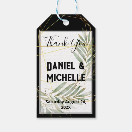 Modern gebogen zwart goud bruiloft botanische them cadeaulabel (Voorkant)