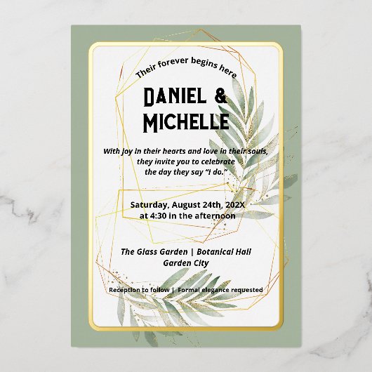 Modern gebogen zwart goud bruiloft botanische them folie uitnodiging (Voorkant)