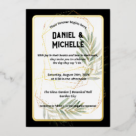 Modern gebogen zwart goud bruiloft botanische them folie uitnodiging