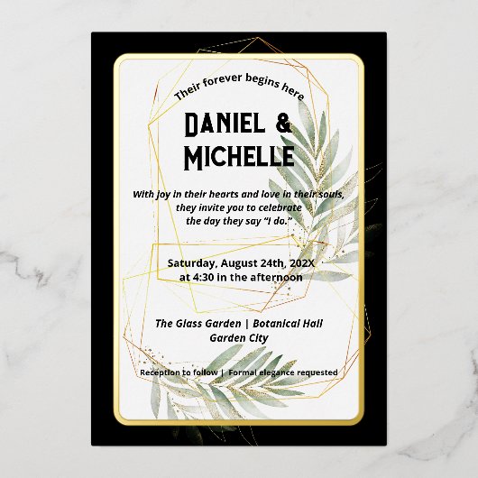 Modern gebogen zwart goud bruiloft botanische them folie uitnodiging (Voorkant)