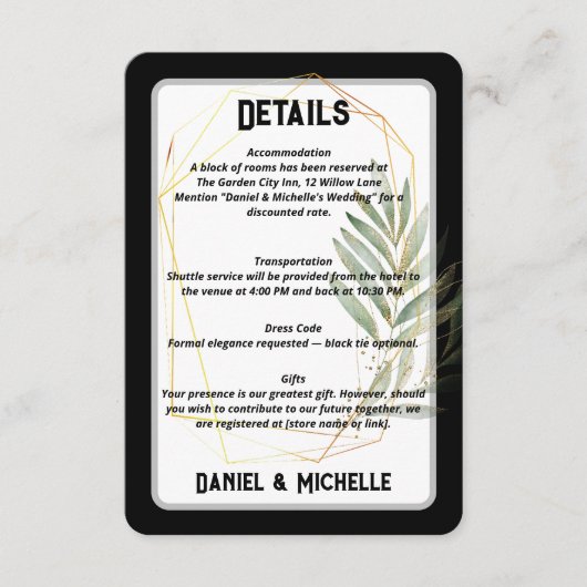 Modern gebogen zwart goud bruiloft botanische them informatiekaartje (Voorkant)