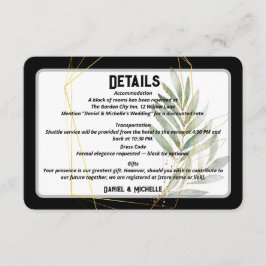 Modern gebogen zwart goud bruiloft botanische them informatiekaartje