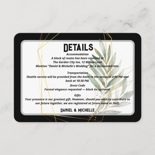 Modern gebogen zwart goud bruiloft botanische them informatiekaartje (Voorkant)