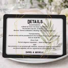 Modern gebogen zwart goud bruiloft botanische them informatiekaartje