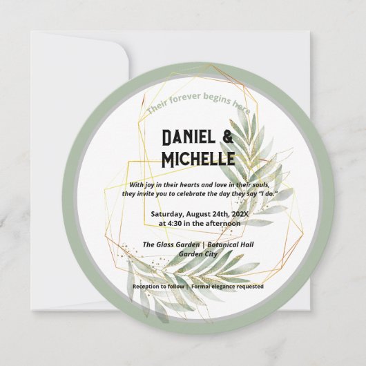 Modern gebogen zwart goud bruiloft botanische them kaart (Voorkant)