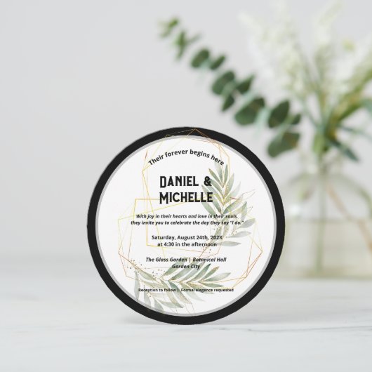 Modern gebogen zwart goud bruiloft botanische them kaart (Staand voorkant)