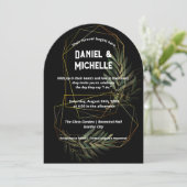 Modern gebogen zwart goud bruiloft botanische them kaart (Staand voorkant)