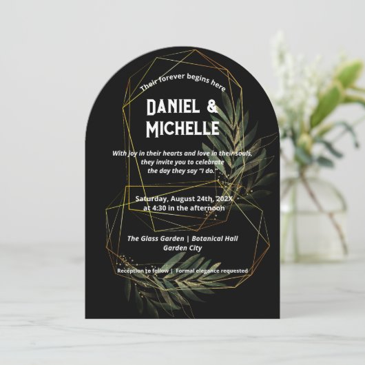 Modern gebogen zwart goud bruiloft botanische them kaart (Staand voorkant)