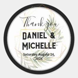 Modern gebogen zwart goud bruiloft botanische them ronde sticker