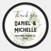 Modern gebogen zwart goud bruiloft botanische them ronde sticker (Voorkant)