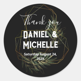 Modern gebogen zwart goud bruiloft botanische them ronde sticker