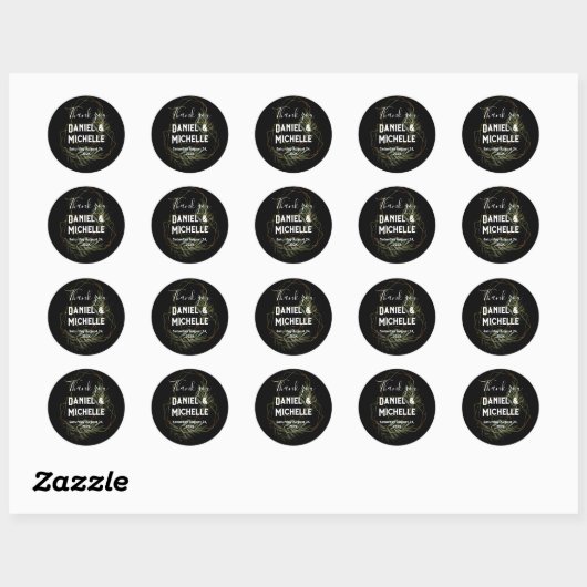 Modern gebogen zwart goud bruiloft botanische them ronde sticker (Vel)