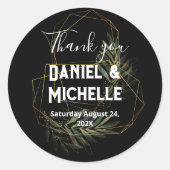 Modern gebogen zwart goud bruiloft botanische them ronde sticker (Voorkant)