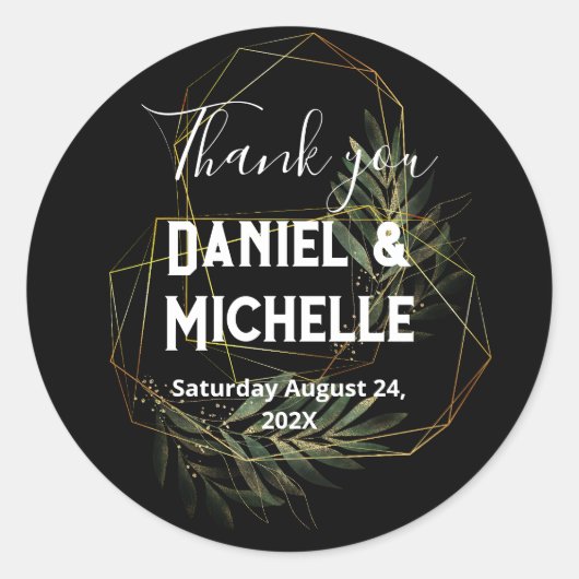 Modern gebogen zwart goud bruiloft botanische them ronde sticker (Voorkant)