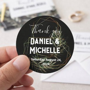 Modern gebogen zwart goud bruiloft botanische them ronde sticker