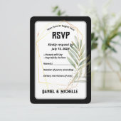 Modern gebogen zwart goud bruiloft botanische them RSVP kaartje (Staand voorkant)