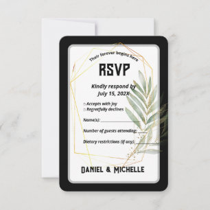 Modern gebogen zwart goud bruiloft botanische them RSVP kaartje